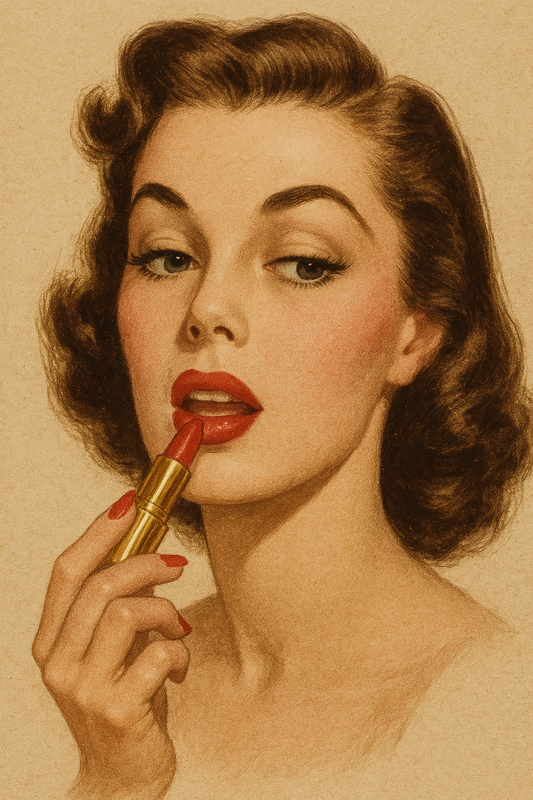 Vintage illustration of a woman applying red lipstick showcasing the history of lipstick in beauty