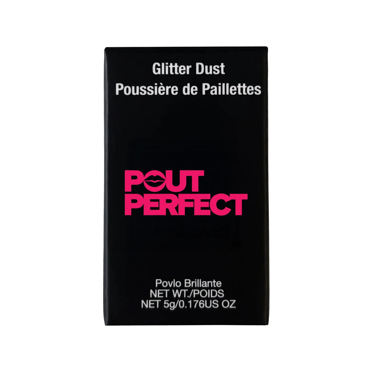 Pout Perfect aquamarine glitter lip dust black packaging with pink logo and white text