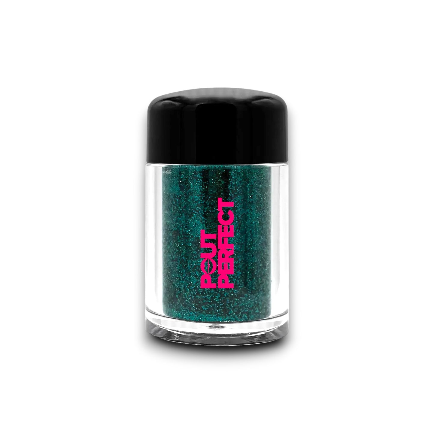 Pout Perfect aquamarine glitter lip dust in clear jar with black lid for shimmering lip looks