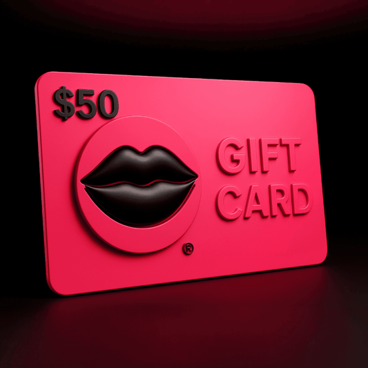 A bright pink $50 gift card with a black lips emblem and raised 'GIFT CARD' text, shown on a dark reflective background.