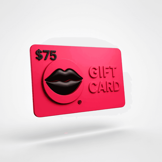 A bright pink $75 gift card with a glossy black lips emblem and embossed 'GIFT CARD' text, shown floating on a light gray background. Shop e-Gift Cards