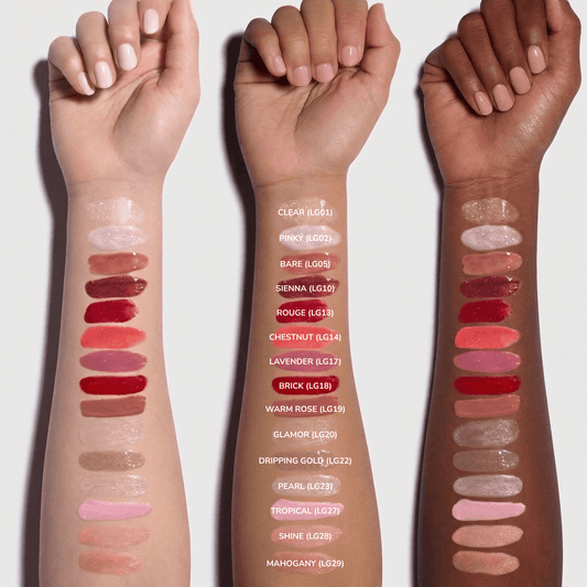 Lip swatches on three different skin tones with color names listed.