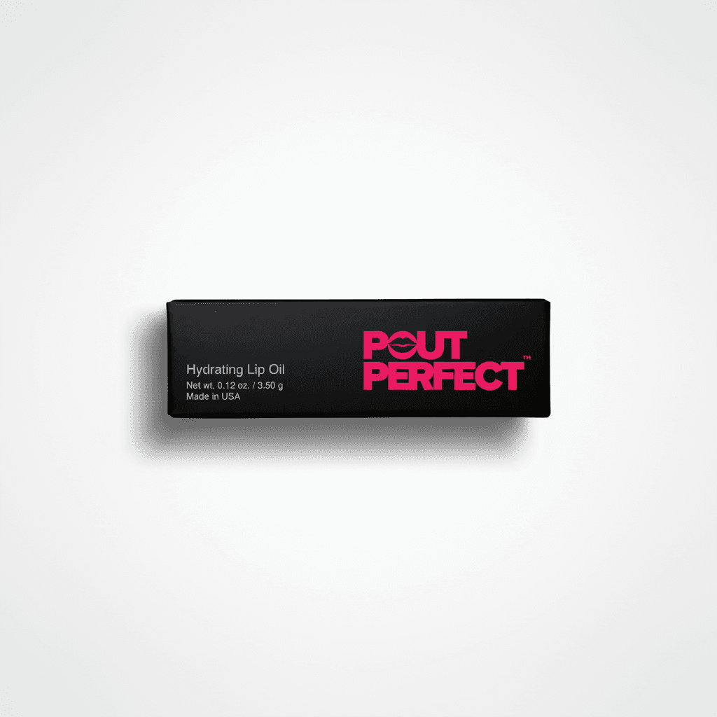 A black rectangular box of Pout Perfect Hydrating Lip Oil with bright pink branding and white text, centered on a light gray background.