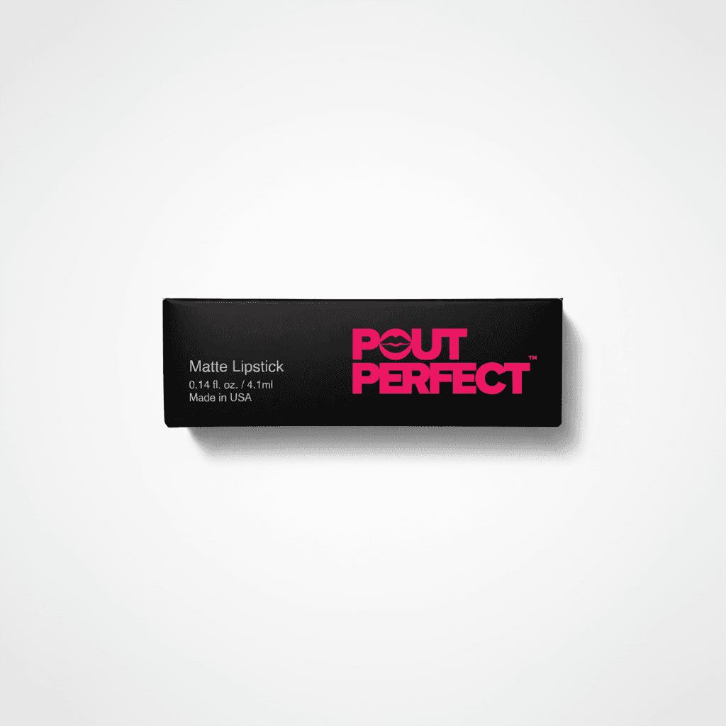 A slim black rectangular box of Pout Perfect Matte Lipstick, featuring the brand name in bright pink and white text on a clean white background.