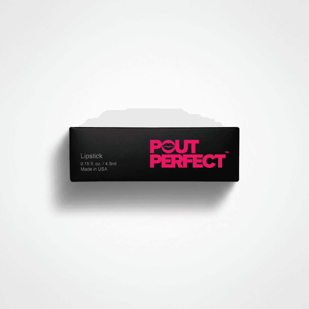A black lipstick tube with bright pink 'POUT PERFECT' branding and white text details, centered on a light gray background.