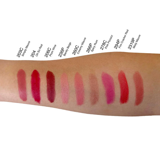 Pout Perfect lipstick swatches on arm featuring barely beige lipstick among other shades