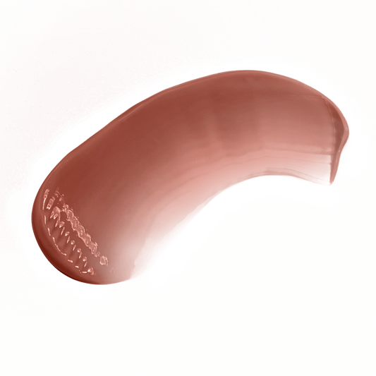 Pout Perfect hot chocolate lip gloss creamy brown shade swatch on black background