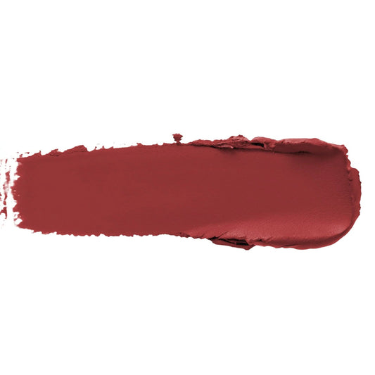 Pout Perfect luxury matte lipstick swatch in deep red shade with smooth texture