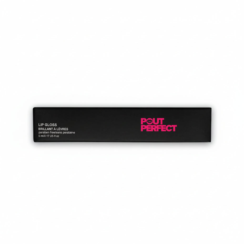 Pout Perfect luxury lip gloss made in USA in sleek black packaging with pink logo