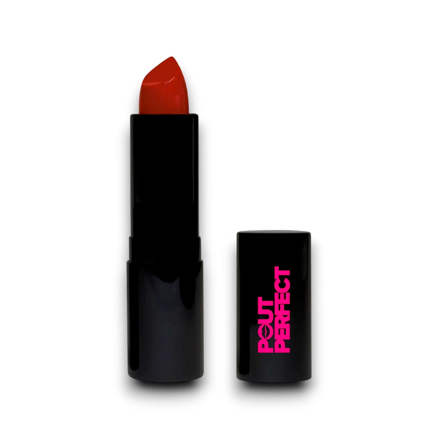 Pout Perfect luxury matte red lipstick in sleek black tube with vibrant red shade