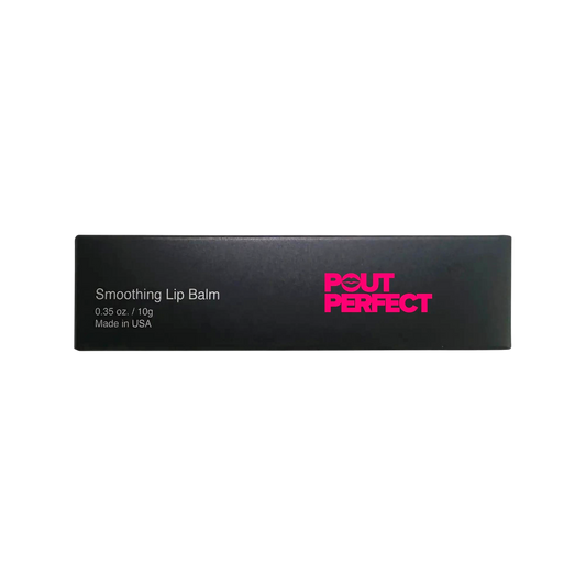 Pout Perfect luxury smoothing lip balm black packaging with pink logo and product details