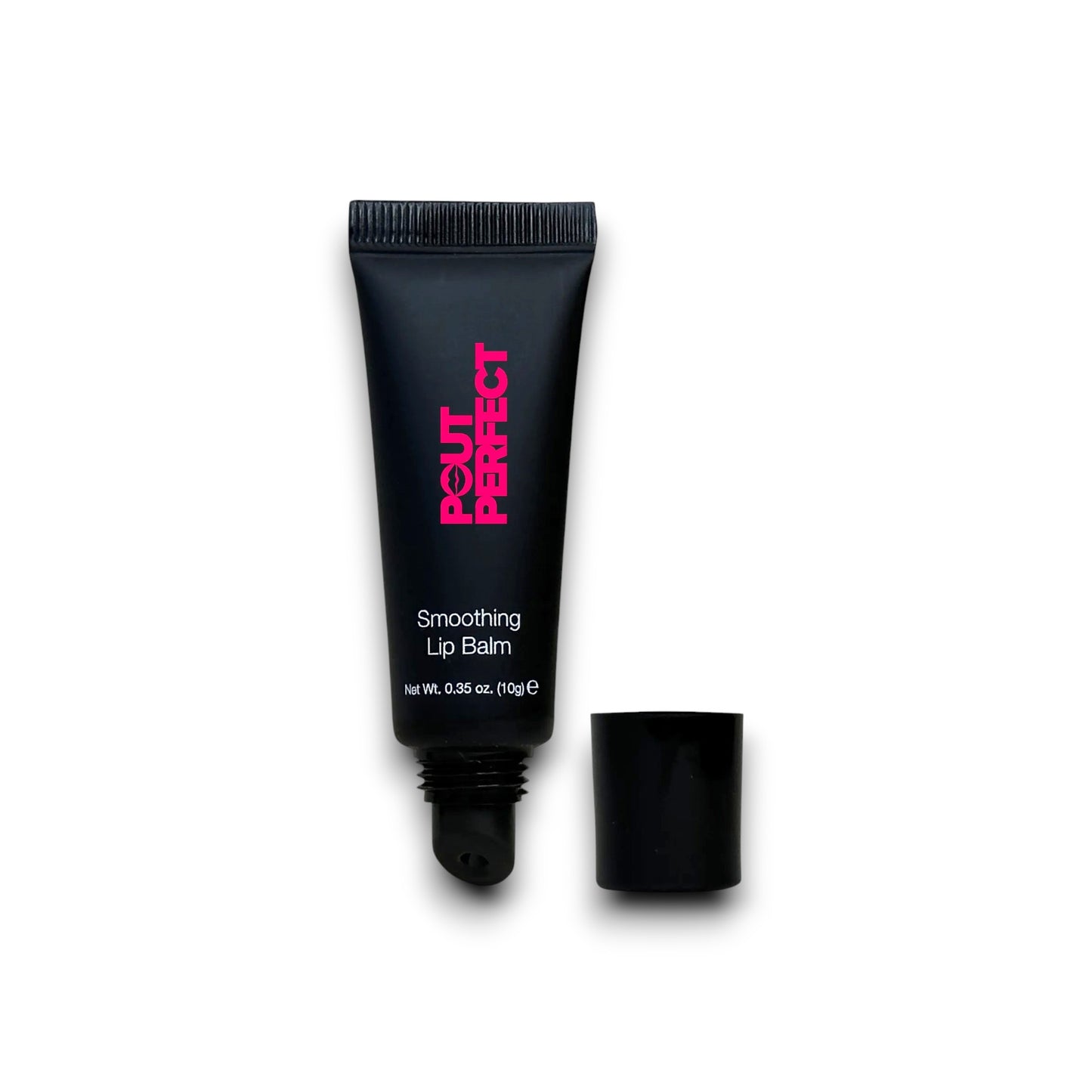 Pout Perfect luxury smoothing lip balm in black tube with pink logo and open cap