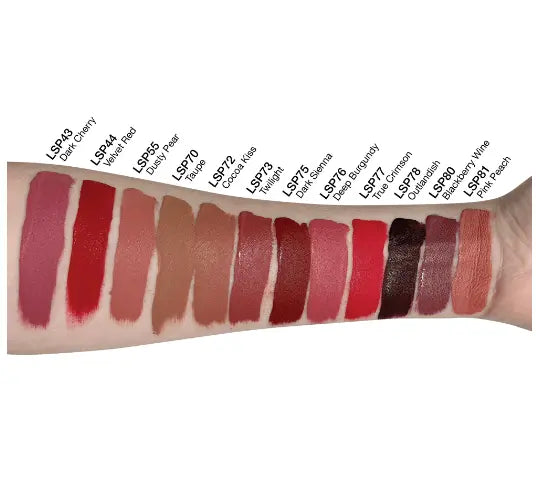 Pout Perfect matte lip stain twilight swatch among various matte lip stain shades on forearm