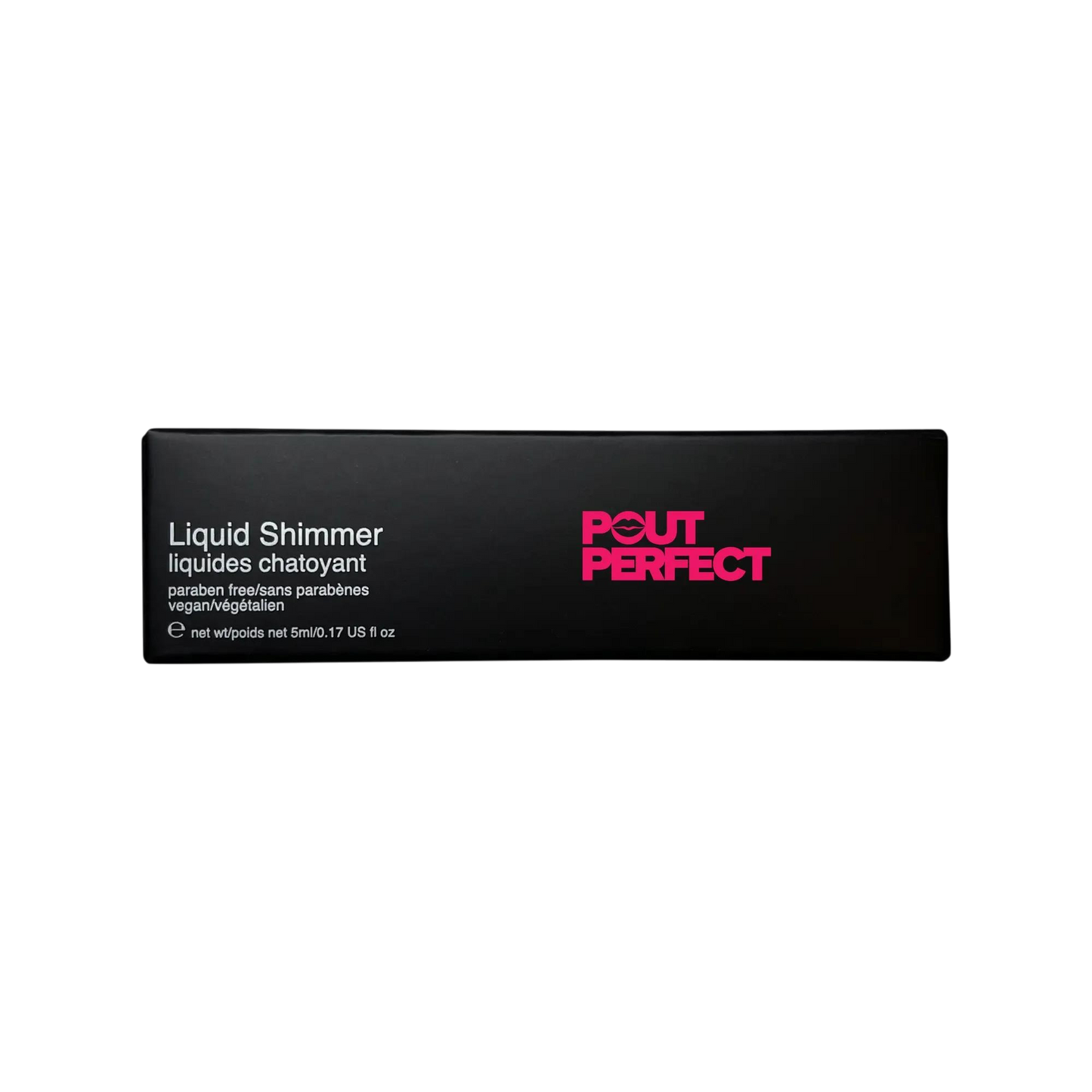 Pout Perfect rosy liquid shimmer lip gloss in sleek black packaging with pink logo and product details