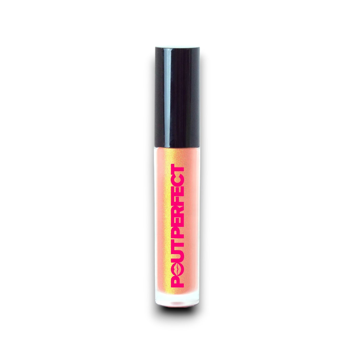 Pout Perfect classic lip gloss for women in a sleek tube with black cap and peachy shimmer