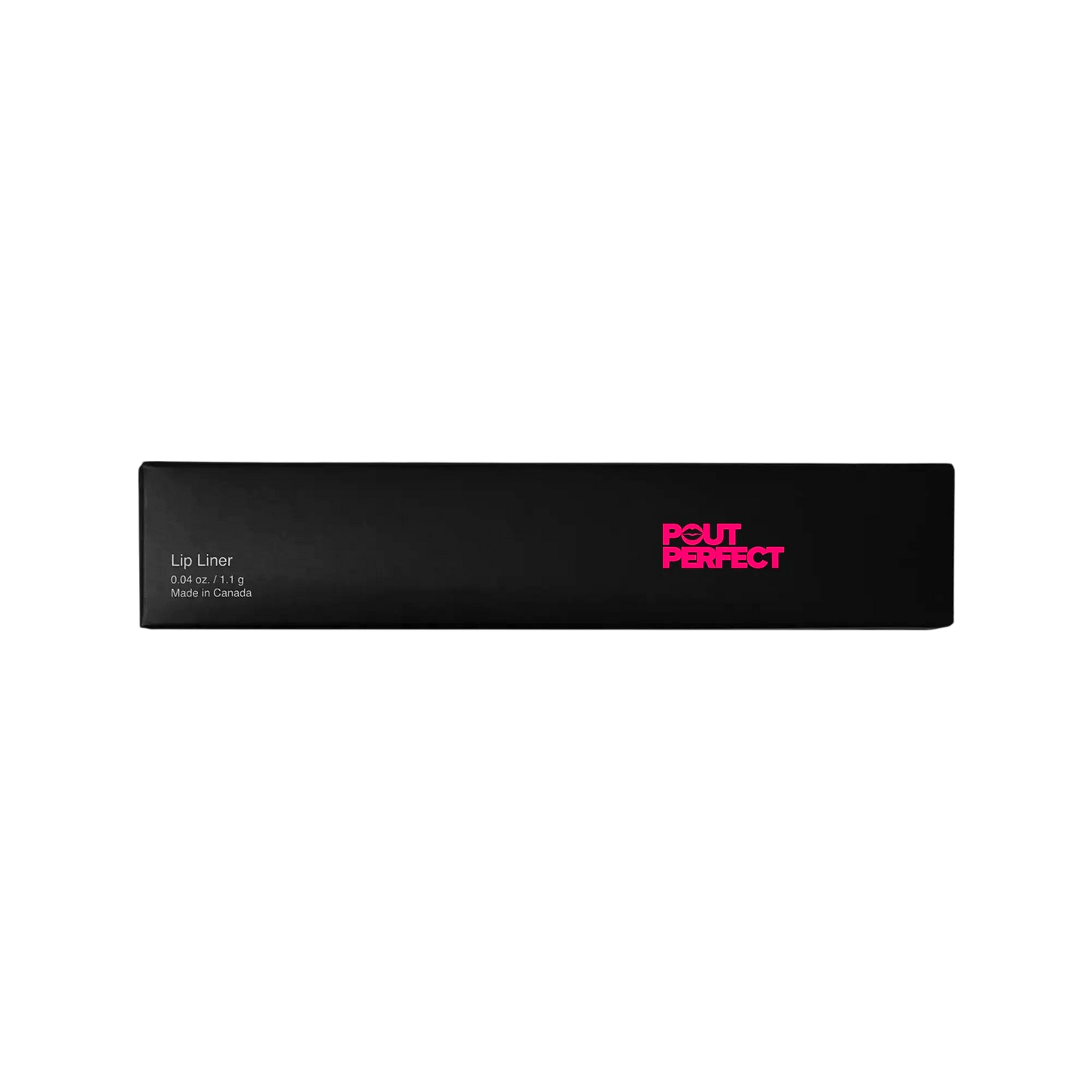 Pout Perfect deep coral lip liner pencil packaging in sleek black box with pink logo