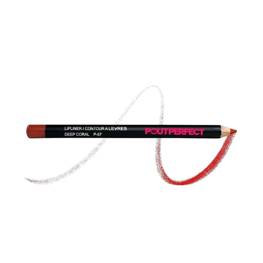 Pout Perfect deep coral lip liner pencil with curved color swatch on white background