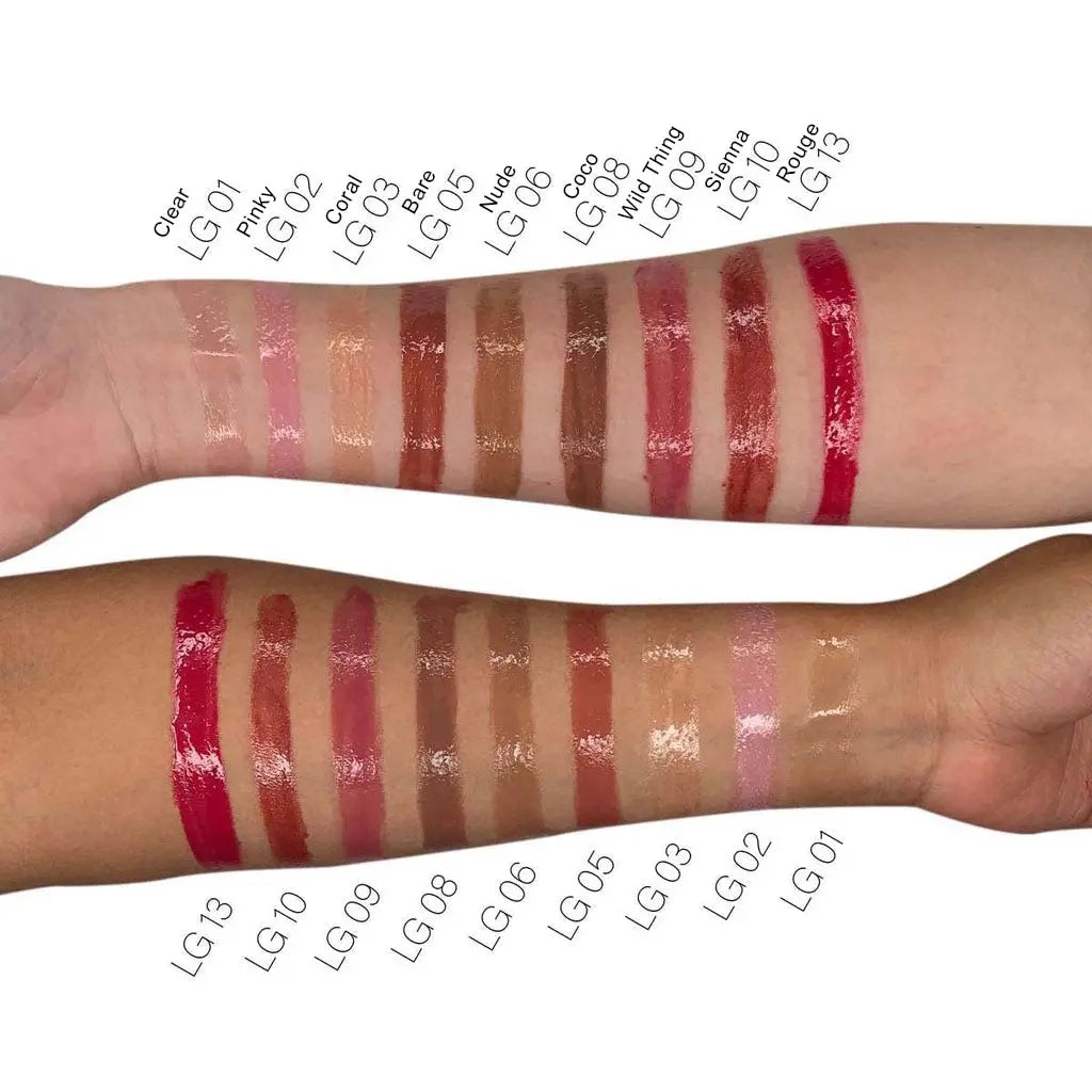 Pout Perfect gold lip gloss for women and variety of shades swatched on two arms showing pigment and shine