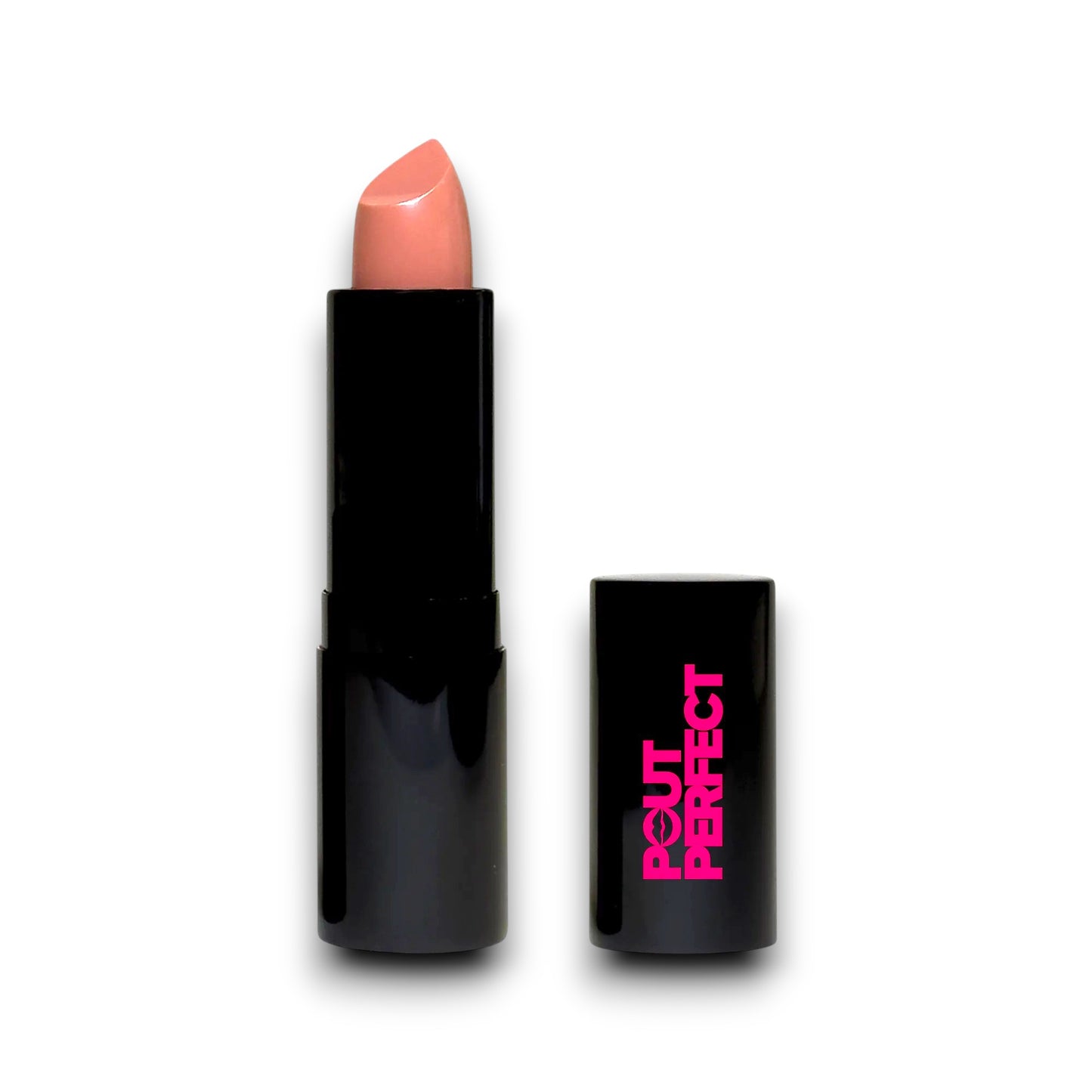 Pout Perfect luxury nude cream lipstick in sleek black tube with soft pink nude shade