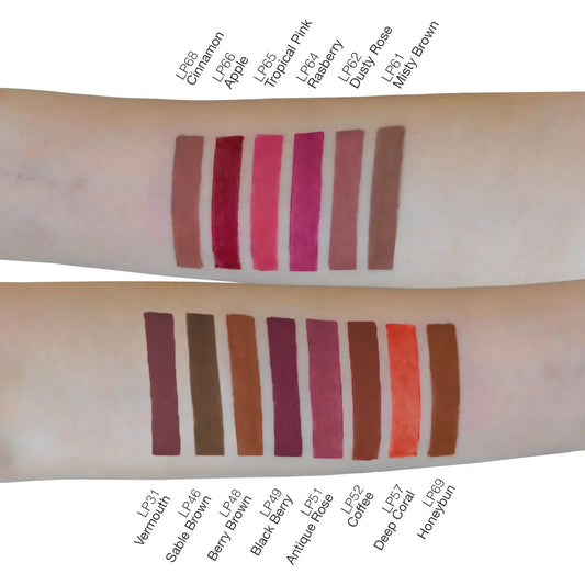 Swatches of Pout Perfect precision lip liner vermouth and other lip liner pencil shades on forearms