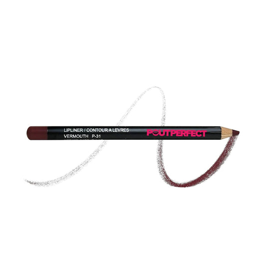 Pout Perfect precision lip liner vermouth pencil with deep reddish brown shade and smooth application