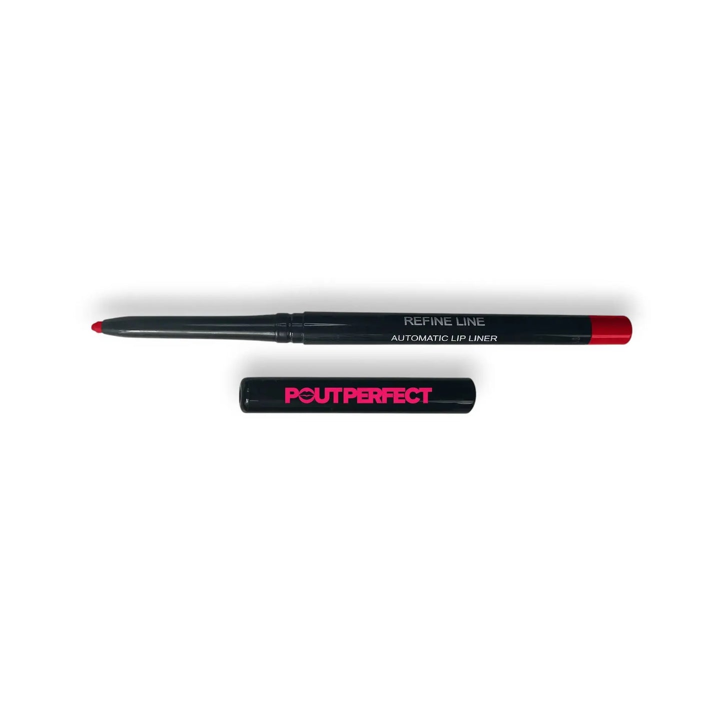 Pout Perfect scarlet automatic lip liner with black casing and red tip, cap removed on white background