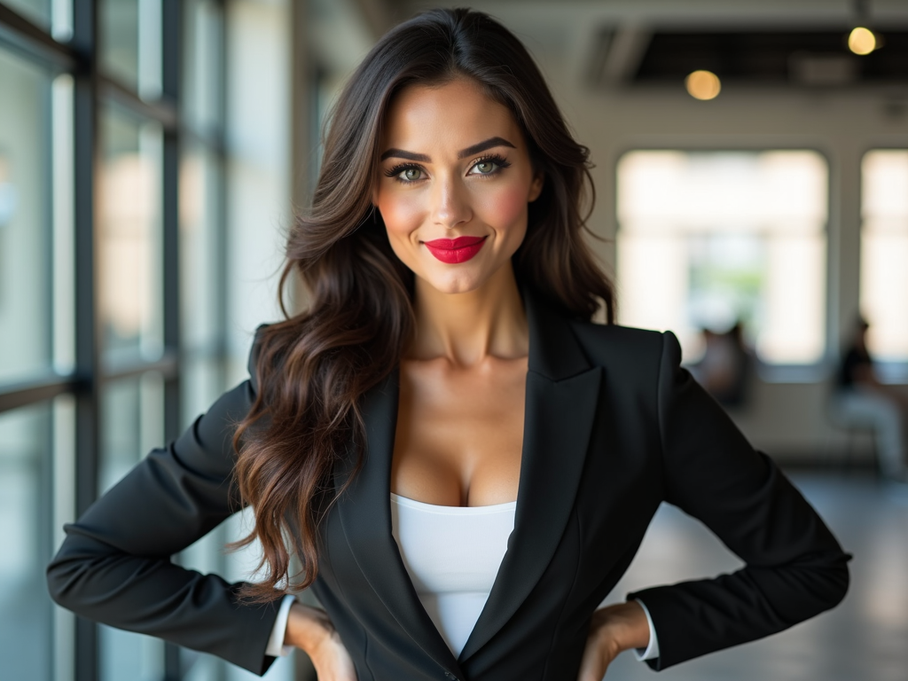 Confident woman wearing red lip color showing how lip color boosts confidence in a professional setting