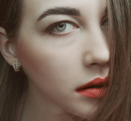 a close up of a woman with red lipstick