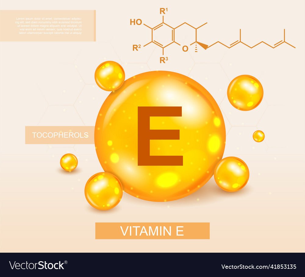 Illustration of vitamin E molecule with golden spheres highlighting vitamin E lip benefits