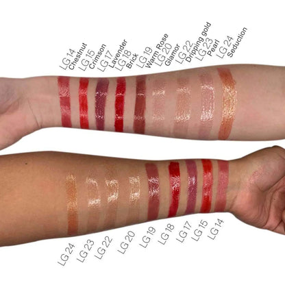 Pout Perfect lip gloss swatches on two arms showing shades from LG14 Seduction to LG1 Chestnut