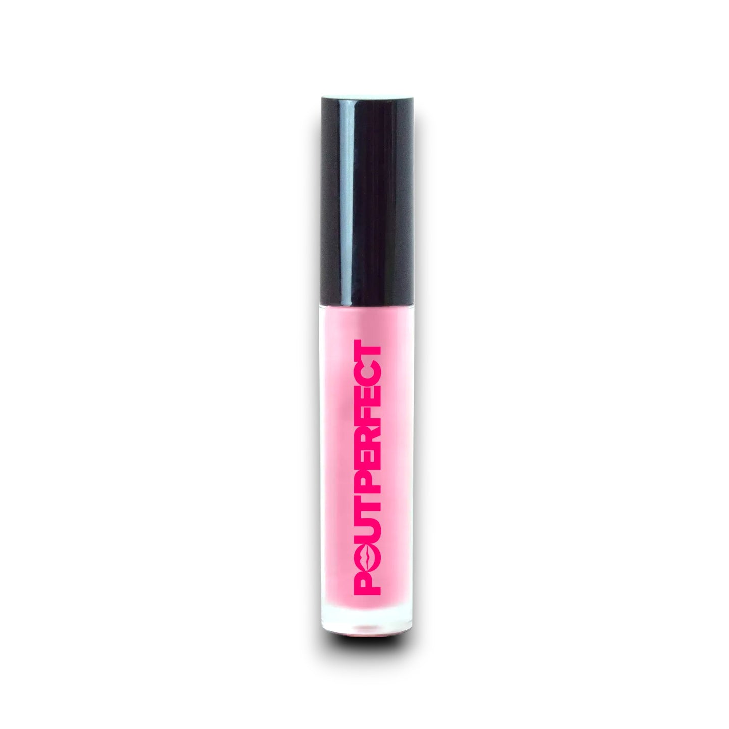 Pout Perfect pink lip gloss with black cap in clear tube for a glossy finish