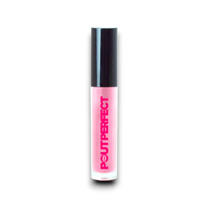 Pout Perfect pink lip gloss with black cap in clear tube for a glossy finish