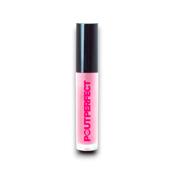 Pout Perfect pink lip gloss with black cap in clear tube for a glossy finish