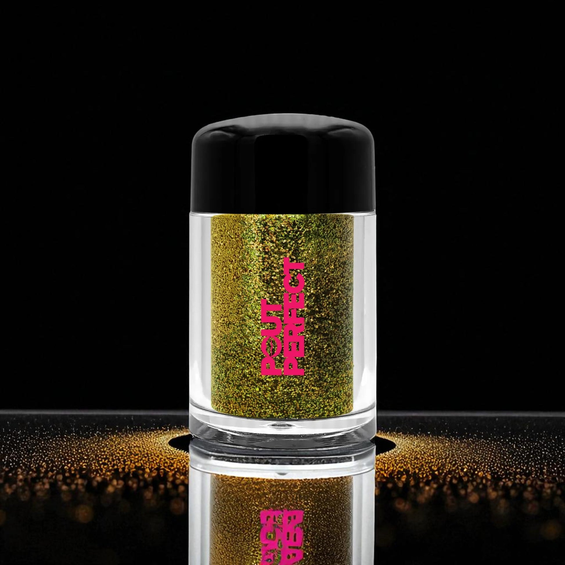 Pout Perfect 24K gold lip glitter dust in clear jar with black lid and reflective gold glitter base