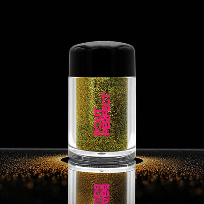Pout Perfect 24K gold lip glitter dust in clear jar with black lid and reflective gold glitter base