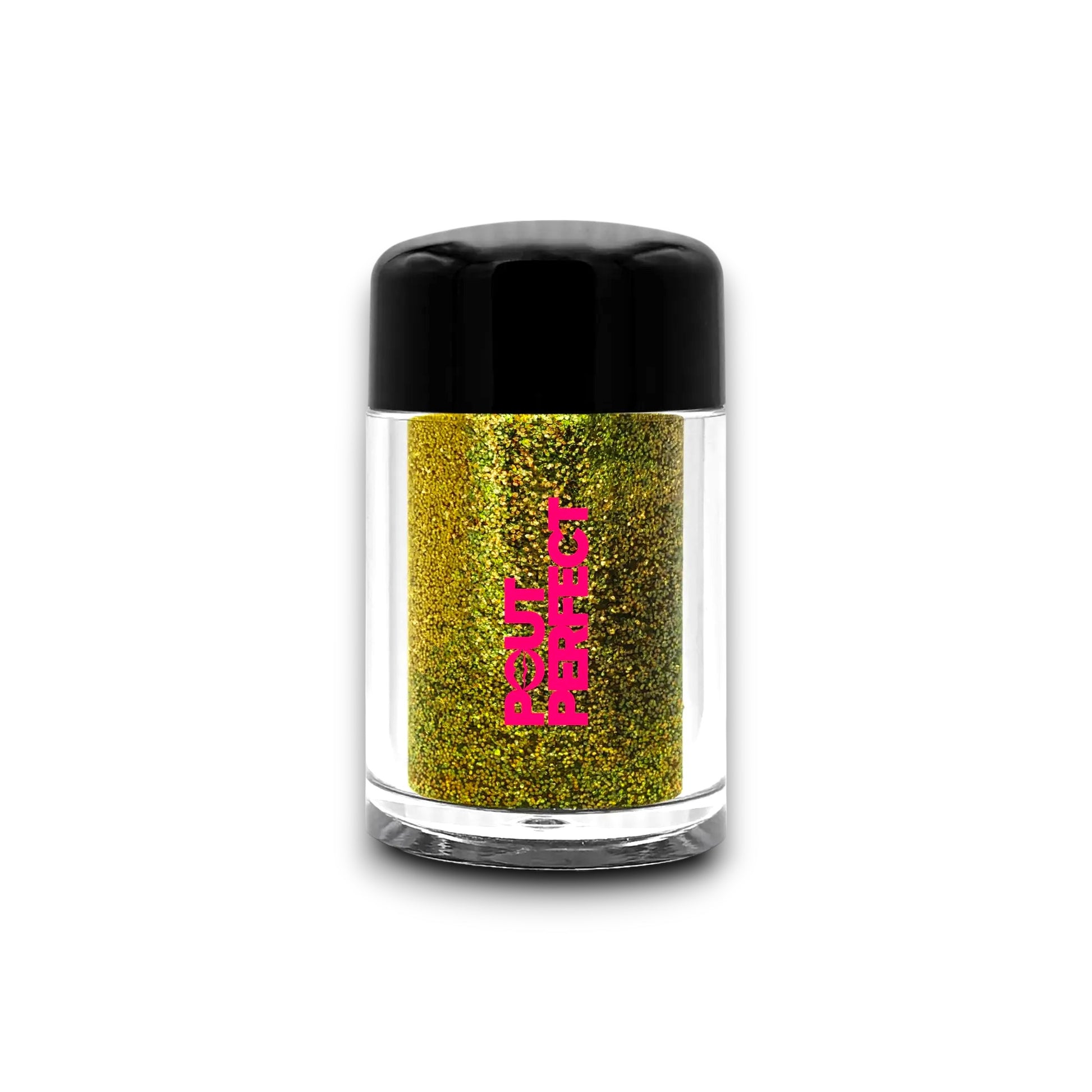 Pout Perfect 24K gold lip glitter in a clear jar with black lid for sparkling lip decoration