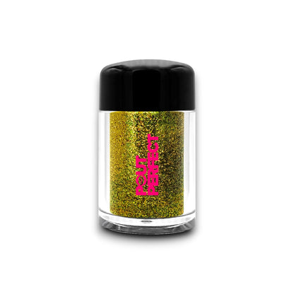 Pout Perfect 24K gold lip glitter in a clear jar with black lid for sparkling lip decoration