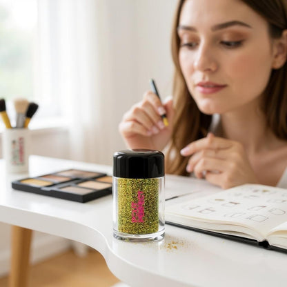 Pout Perfect 24K gold lip glitter in clear jar with black lid on white table near woman applying makeup