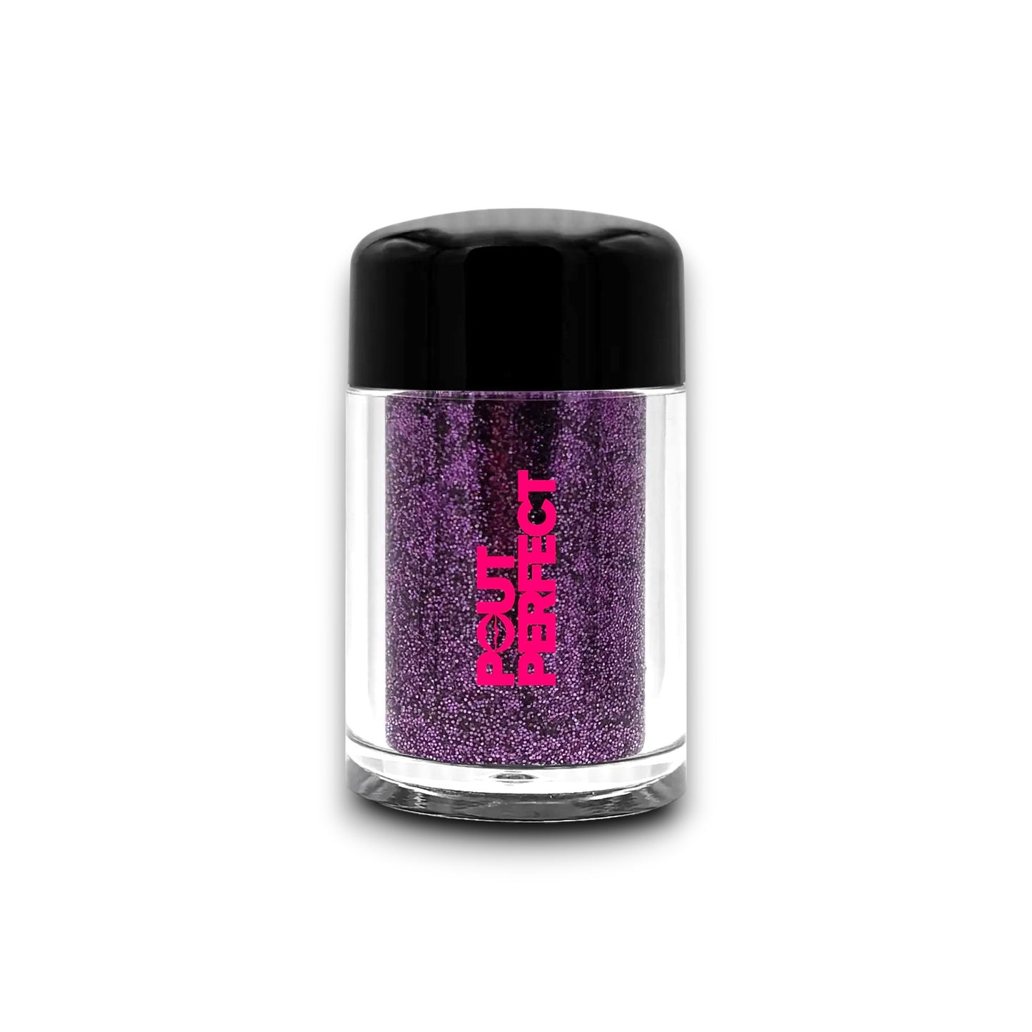Pout Perfect amethyst glitter lip dust in clear container with black lid for shimmering lip looks