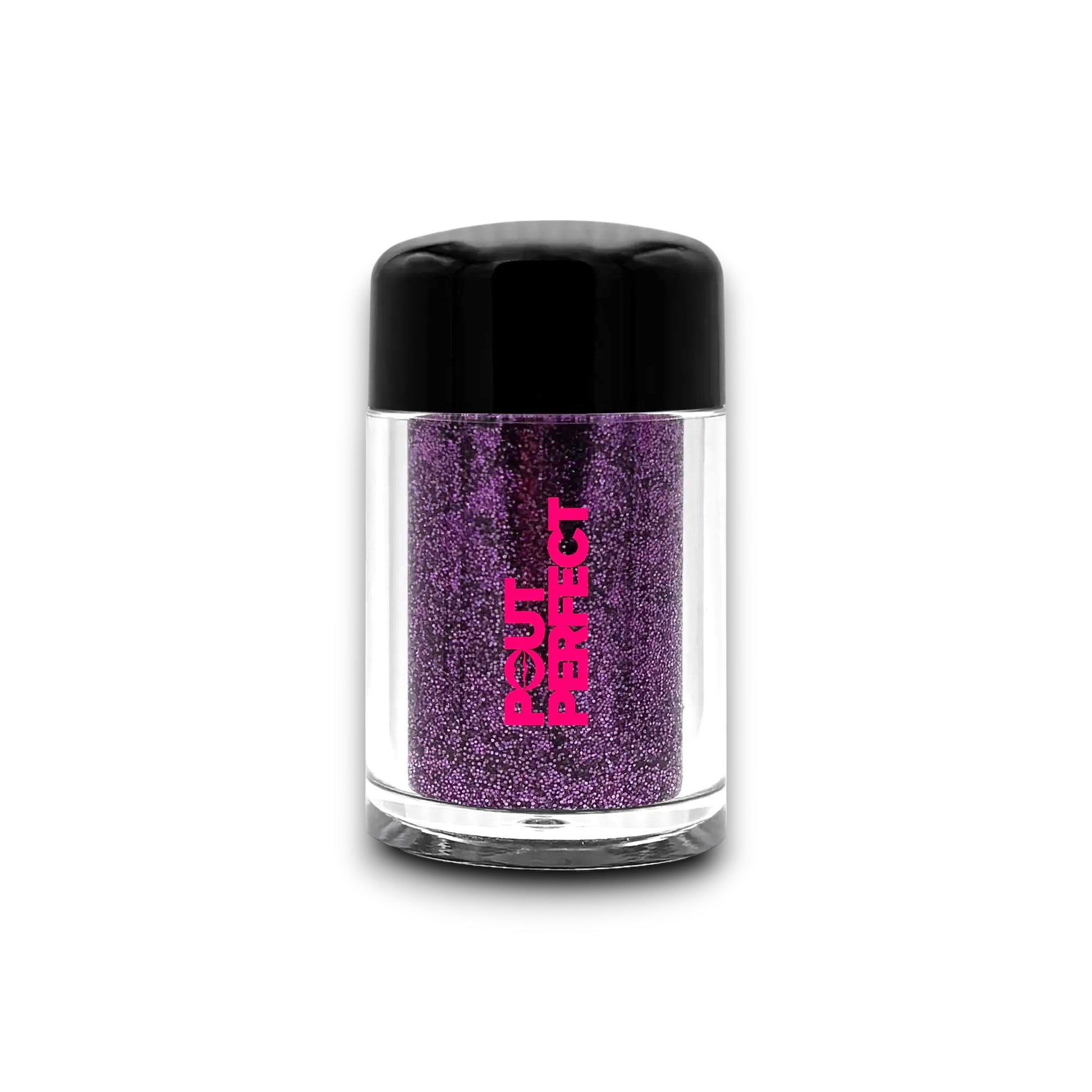 Pout Perfect amethyst glitter lip dust in clear container with black lid for shimmering lip looks