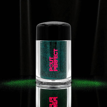 Pout Perfect aquamarine glitter lip dust in clear container with black lid on black background