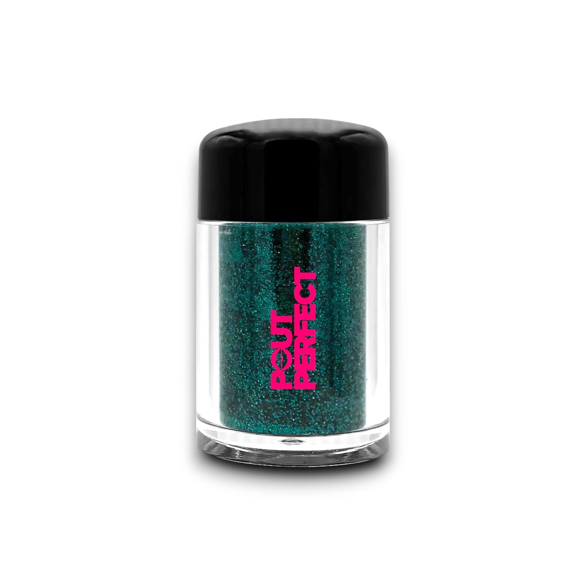 Pout Perfect aquamarine glitter lip dust in clear jar with black lid for shimmering lip looks