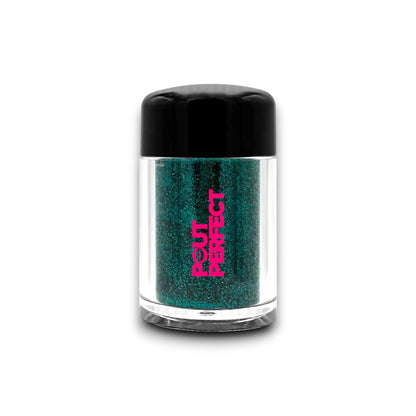 Pout Perfect aquamarine glitter lip dust in clear jar with black lid for shimmering lip looks