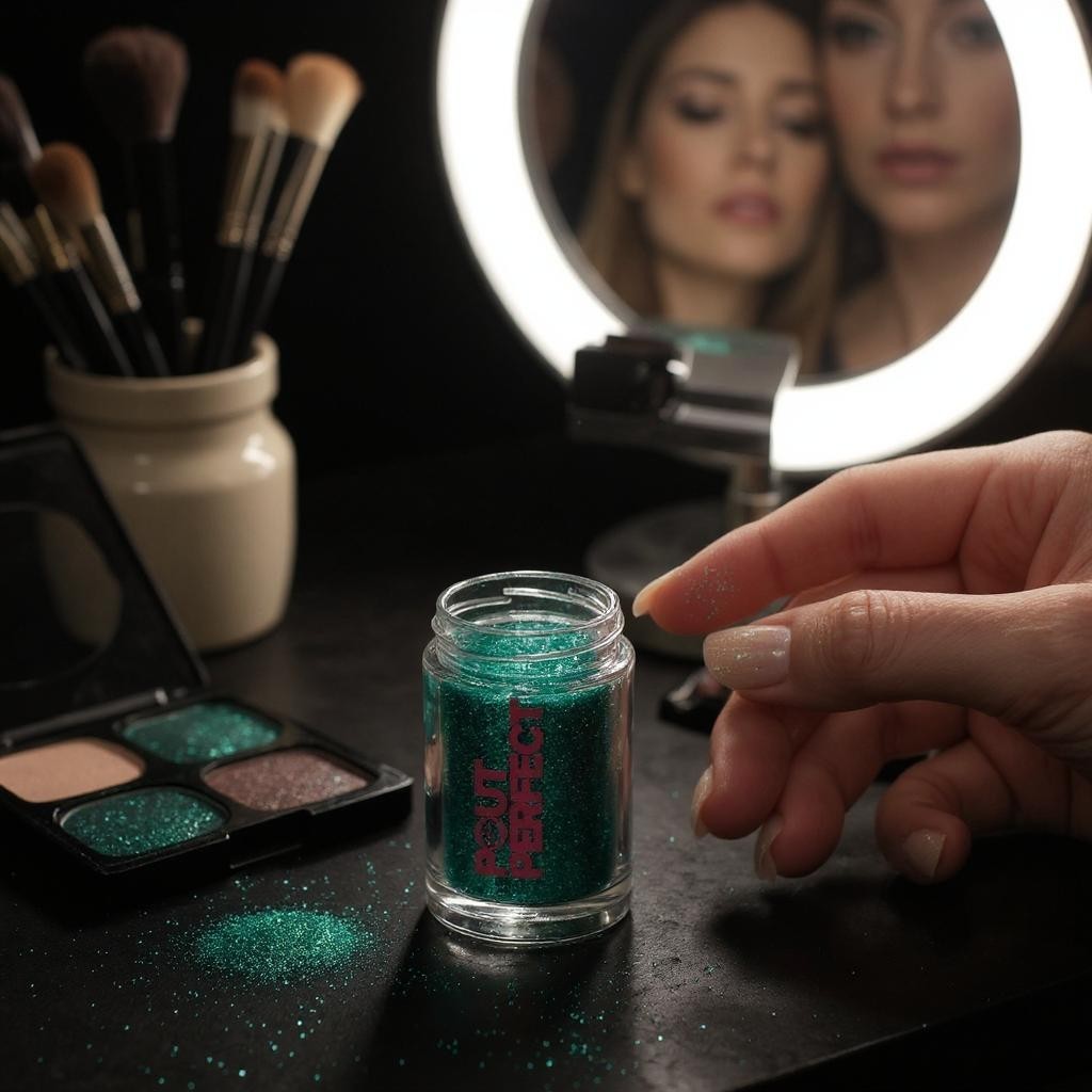 Pout Perfect aquamarine glitter lip dust in a small jar with makeup palette and brushes on vanity