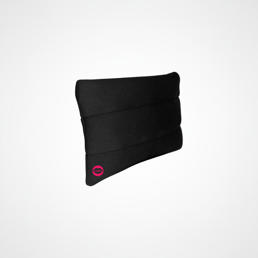 A black fabric neck warmer or headband with a small pink lips logo near the bottom left corner, shown on a plain light gray background.