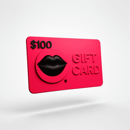 A bright pink $100 gift card with a raised black lips emblem and embossed 'GIFT CARD' text, shown floating on a light gray background. Shop e-Gift Cards