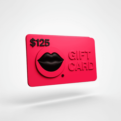 A bright pink gift card with a raised black lips emblem, embossed text reading 'GIFT CARD', and '$125' in black, shown floating on a clean white background. Shop e-Gift Cards