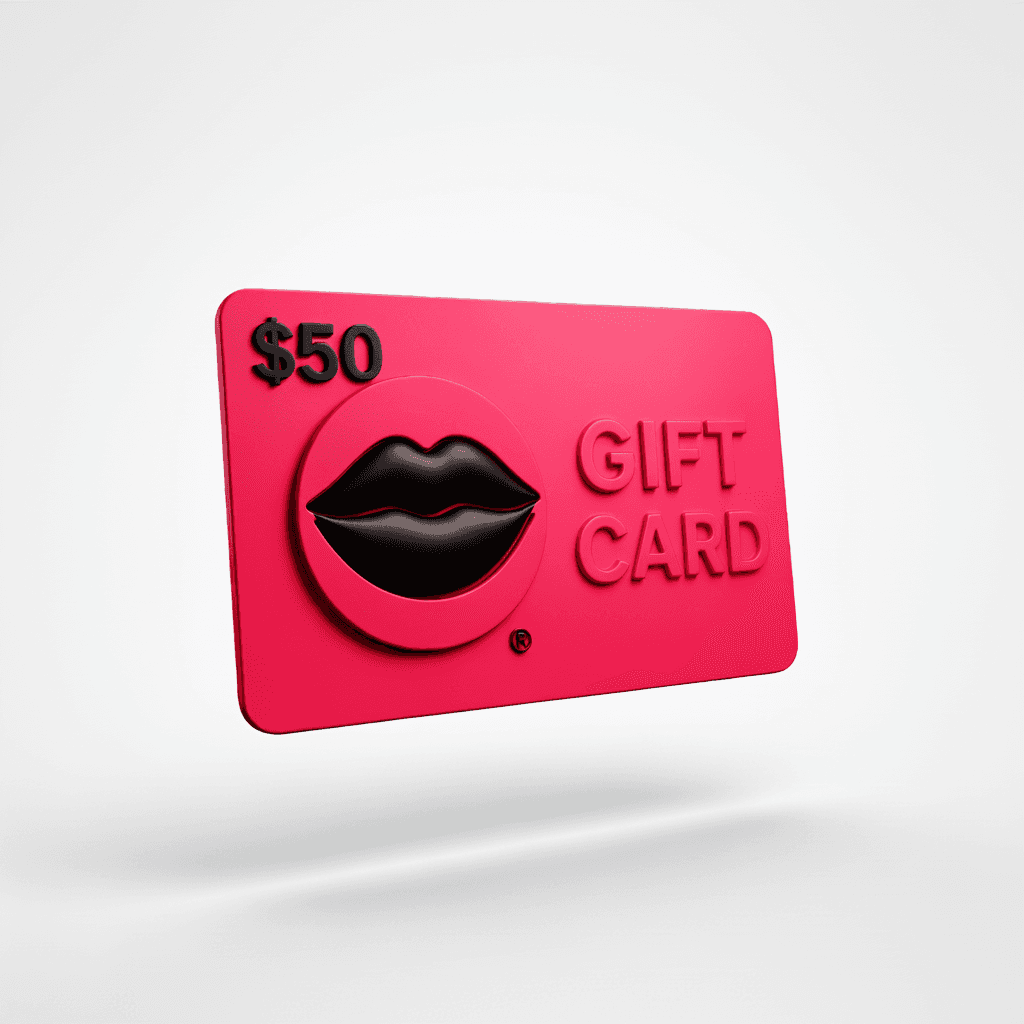 A bright pink $50 gift card featuring a raised black lips logo and embossed 'GIFT CARD' text, shown on a clean white background. Shop e-Gift Cards