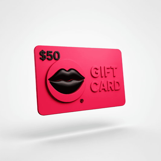 A bright pink $50 gift card featuring a raised black lips logo and embossed 'GIFT CARD' text, shown on a clean white background. Shop e-Gift Cards