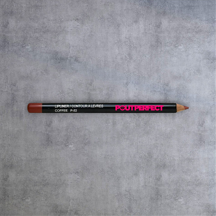 Pout Perfect coffee lip liner pencil in brown shade with black body and pink branding